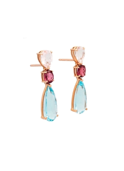 Pendientes de oro rosa de 18Kt, con una morganita talla pera encontrada con un topacio sky de talla perilla unidos por un granat