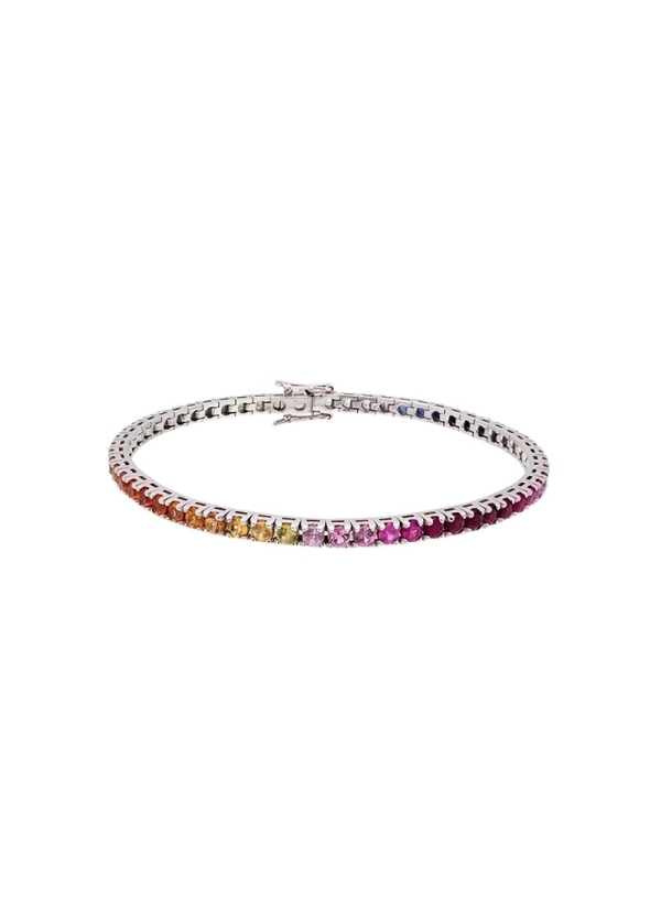 Pulsera de oro blanco de 18Kt, tipo riviere, con zafiros multicolor de talla redonda, engastados en garras.