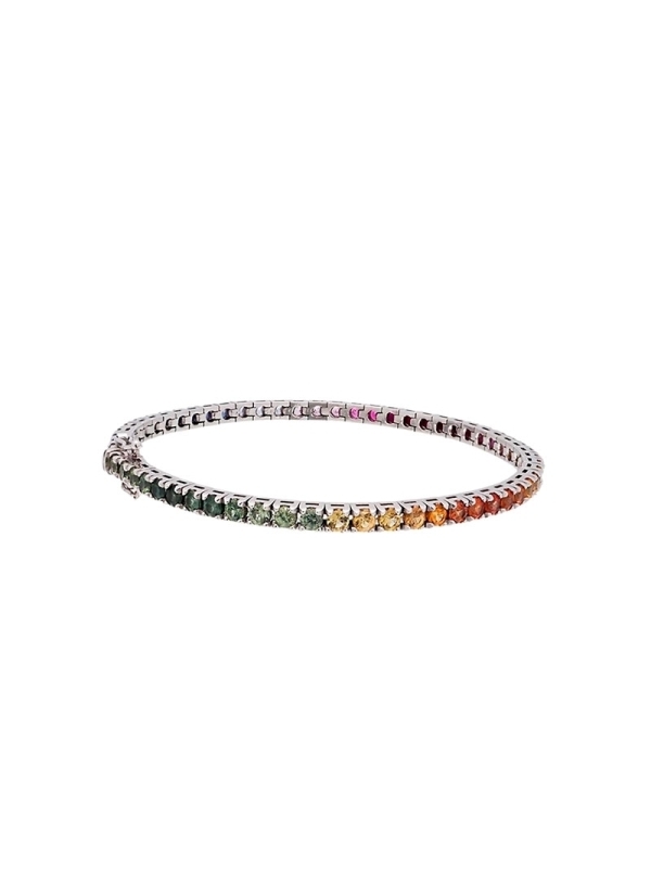 Pulsera de oro blanco de 18Kt, tipo riviere, con zafiros multicolor de talla redonda, engastados en garras.