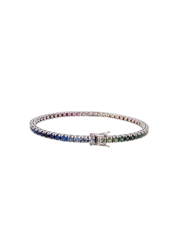 Pulsera de oro blanco de 18Kt, tipo riviere, con zafiros multicolor de talla redonda, engastados en garras.