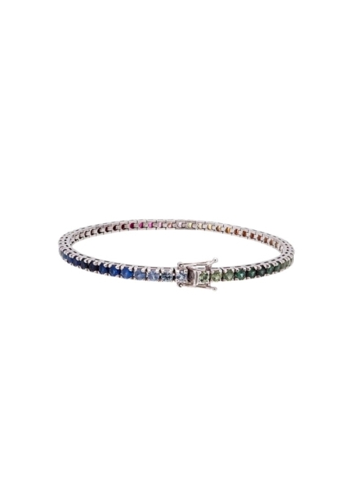 Pulsera de oro blanco de 18Kt, tipo riviere, con zafiros multicolor de talla redonda, engastados en garras.