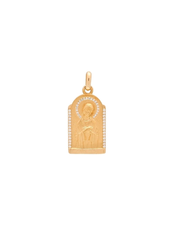 Medalla de oro amarillo de 18Kt, Ave Postal tipo capilla con diamantes talla brillante, 22 en el velo y 28 distribuidos a ambos 