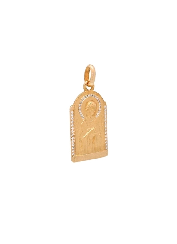 Medalla de oro amarillo de 18Kt, Ave Postal tipo capilla con diamantes talla brillante, 22 en el velo y 28 distribuidos a ambos 