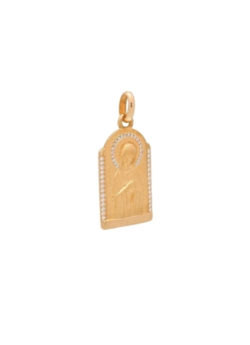 Medalla de oro amarillo de 18Kt, Ave Postal tipo capilla con diamantes talla brillante, 22 en el velo y 28 distribuidos a ambos 