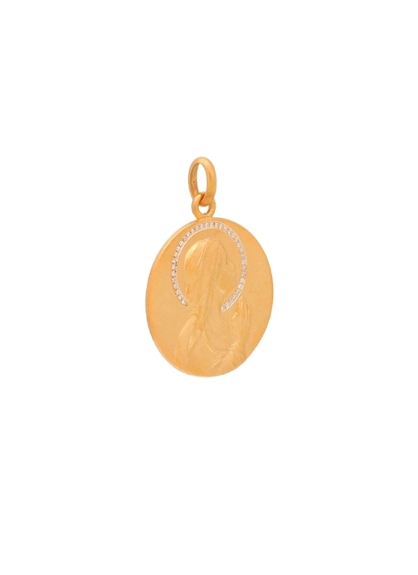 Medalla de oro amarillo de 18Kt, con imagen de Virgen niña rezando con un halo de diamantes talla brillante de 0,65-0,72mm de di