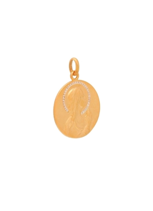 Medalla de oro amarillo de 18Kt, con imagen de Virgen niña rezando con un halo de diamantes talla brillante de 0,65-0,72mm de di