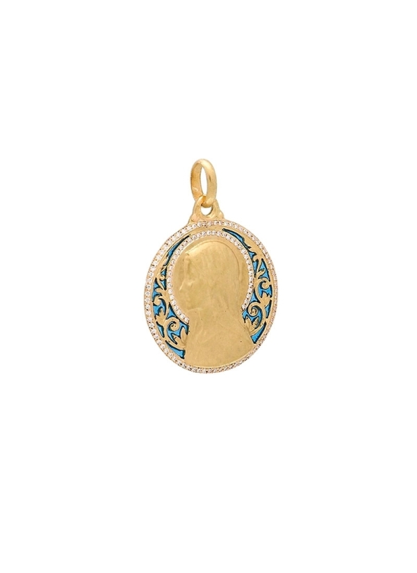 Medalla de oro amarillo de 18Kt. Virgen niña, calada, formando ramas. Con esmalte vitral de color azul y diamantes talla brillan