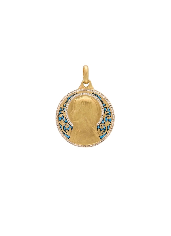 Medalla de oro amarillo de 18Kt. Virgen niña, calada, formando ramas. Con esmalte vitral de color azul y diamantes talla brillan 2