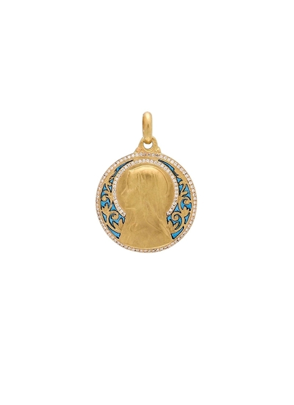 Medalla de oro amarillo de 18Kt. Virgen niña, calada, formando ramas. Con esmalte vitral de color azul y diamantes talla brillan