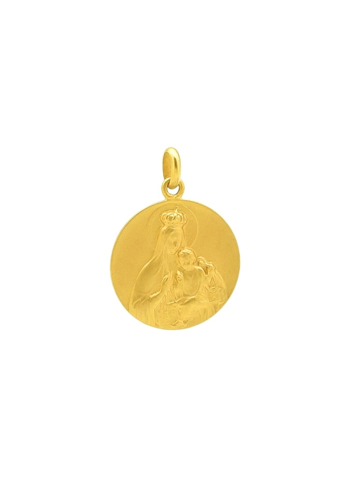 Medalla de oro amarillo de 18k con imagen de la Virgen del Carmen en una cara y del Sagrado Corazón en la otra.
* Los diámetros 