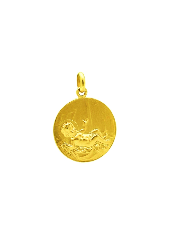 Medalla de oro amarillo de 18k con imagen del Niño Jesús entre pajas