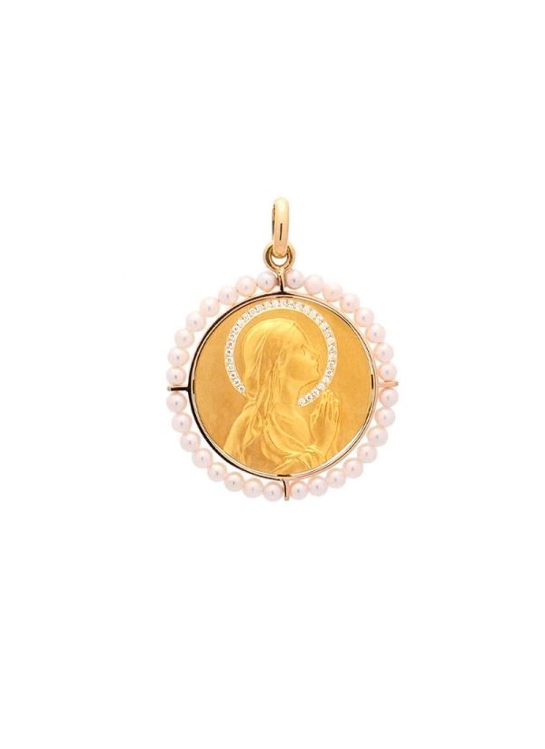 Medalla de oro amarillo de 18Kt, Virgen niña rezando, de 20mm con 33 pequeños diamantes talla brillante en el velo y rodeada con