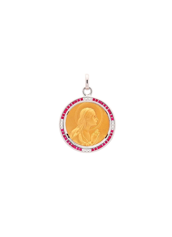 Medalla de oro amarillo de 18Kt, imagen de la Virgen Niña rezando de 16mm de diámetro con 40 rubíes y 12 brillantes engastados e