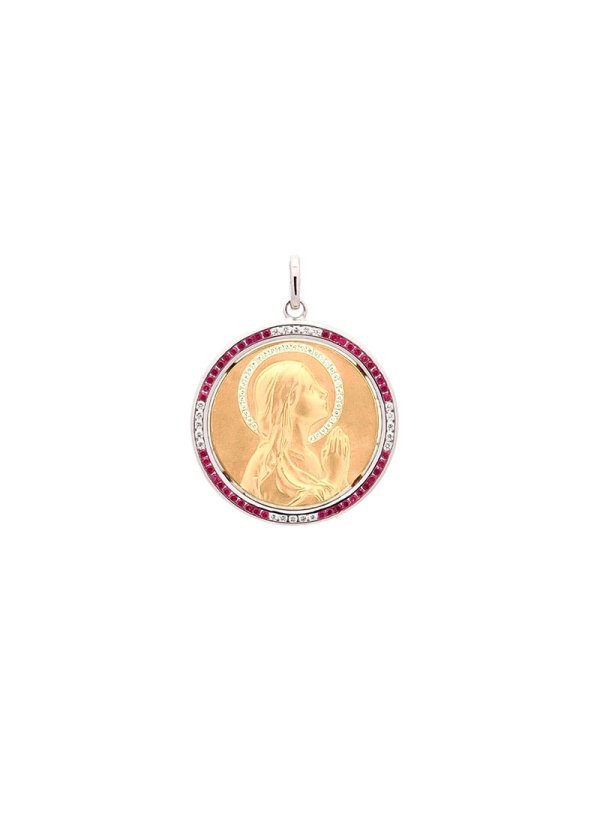 Medalla de oro amarillo de 18Kt, Virgen niña rezando de 20mm de diámetro con 33 diamantes talla brillante de 0,70mm (0,05ct) de 