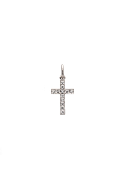 Cruz de oro blanco de 18Kt, hecha a mano de 15x10mm, con 12 diamantes talla brillante de 0,22ct de color D-E y pureza VS1.