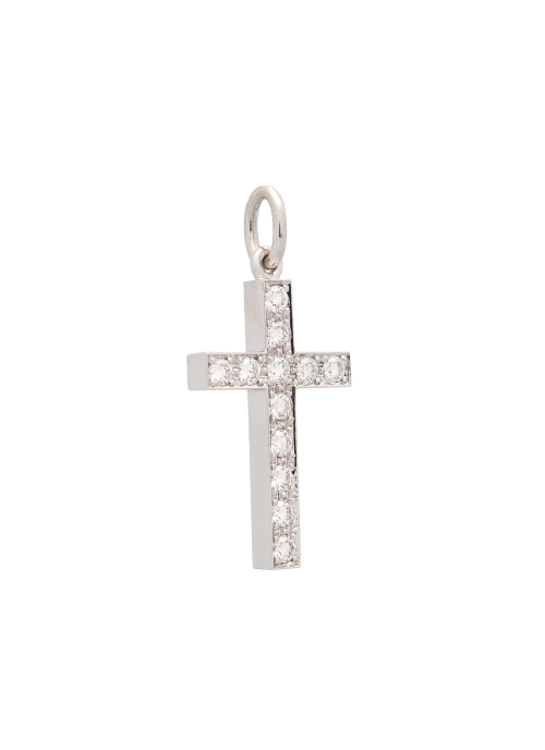 Cruz de oro blanco de 18Kt, hecha a mano de 25x15mm, con 12 diamantes talla brillante de 2,30-2,35mm con un peso total de 0,58ct
