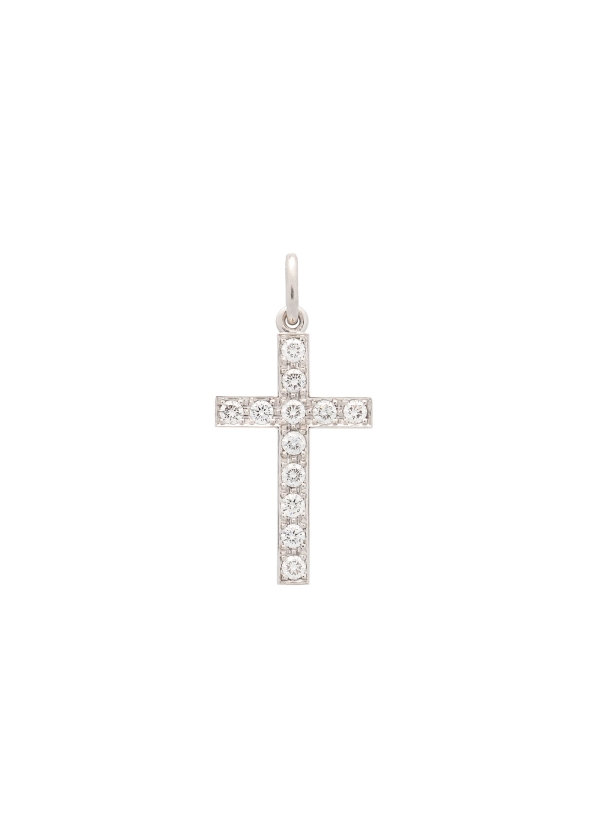 Cruz de oro blanco de 18Kt, hecha a mano de 25x15mm, con 12 diamantes talla brillante de 2,30-2,35mm con un peso total de 0,58ct