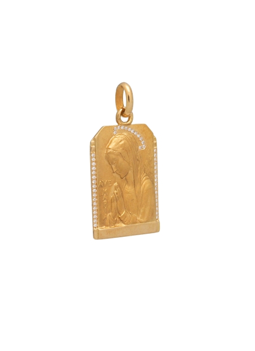 Medalla de oro amarillo de 18Kt, forma capilla (22x16mm) Ave María con velo compuesto por 13 diamantes talla brillante y 34 bril
