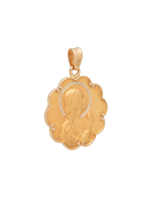 Medalla de oro amarillo de 18Kt, de borde ondulado. Figura de la virgen niña rezando con un velo de 38 diamantes talla brillante 2