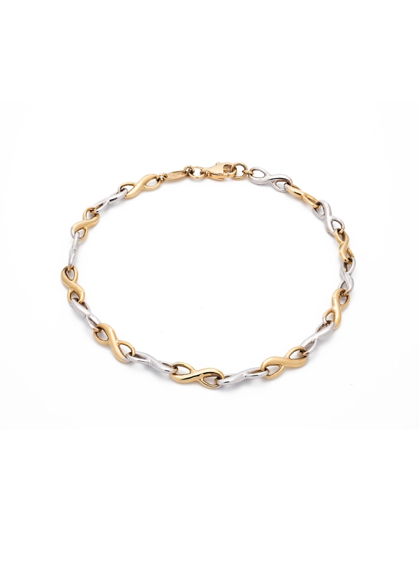 Fina pulsera (19cm de largo) compuesta por 18 eslabones con forma de infinito de oro amarillo y oro blanco de 18Kt, intercalándo