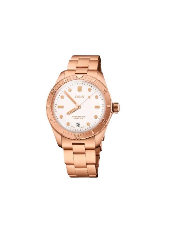 Reloj de movimiento automático con reserva de marcha de 41h en caja de bronce de 38 mm, esfera en color blanco, ventana de fecha