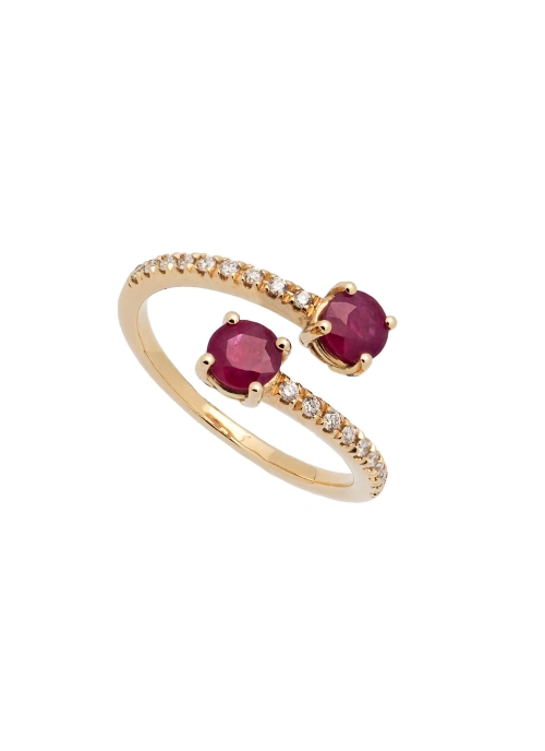 0Anillo de oro amarillo de 18Kt, tu y yo con 2 rubíes de bonito color y talla redonda de 4,20-4,30mm de diámetro con un peso de 