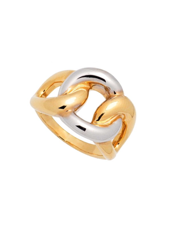 Anillo de oro de 18Kt, compuesto por 2 bandas ovaladas laterales de color amarillo, que se entrelazan con una banda de color bla