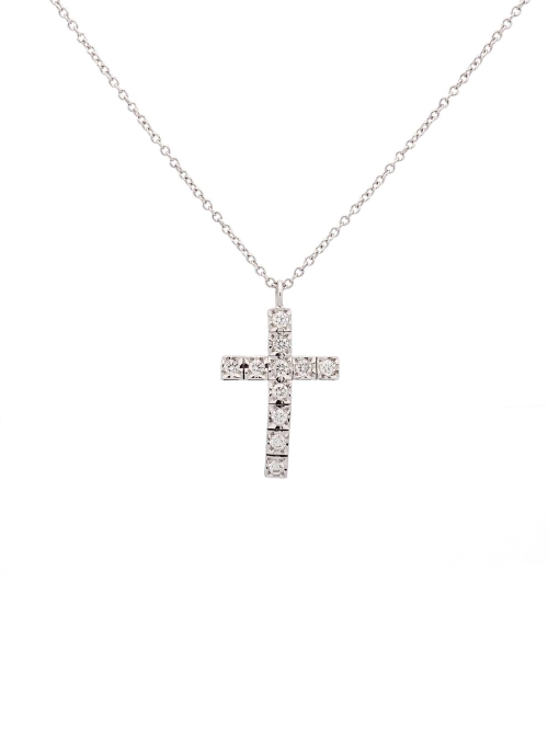 Cadena de oro blanco de 18Kt de 40cm de largo, con una cruz de 17x12mm compuesta por 11 diamantes talla brillante con un peso to