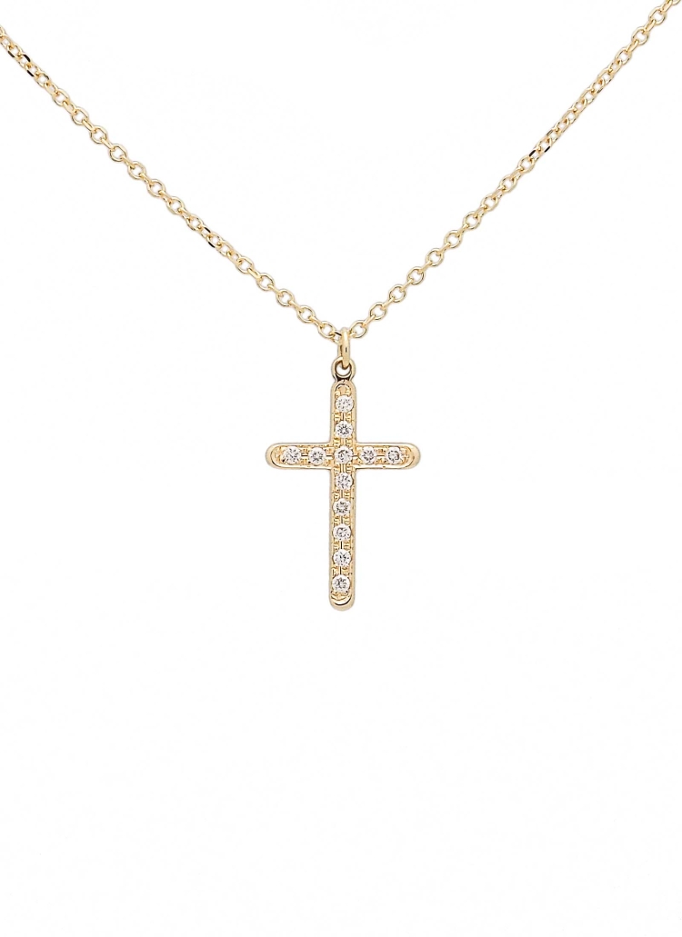 Cadena de oro amarillo de 18Kt de 42cm de largo, con asa extra, permitiendo una medida de 40cm, con una cruz de oro amarillo 13x