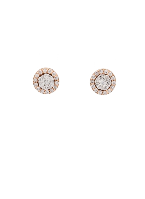 Pequeños pendientes de oro blanco y rosa de 18Kt, desmontables. Compuestos por un centro redondo de oro blanco con diamantes tal