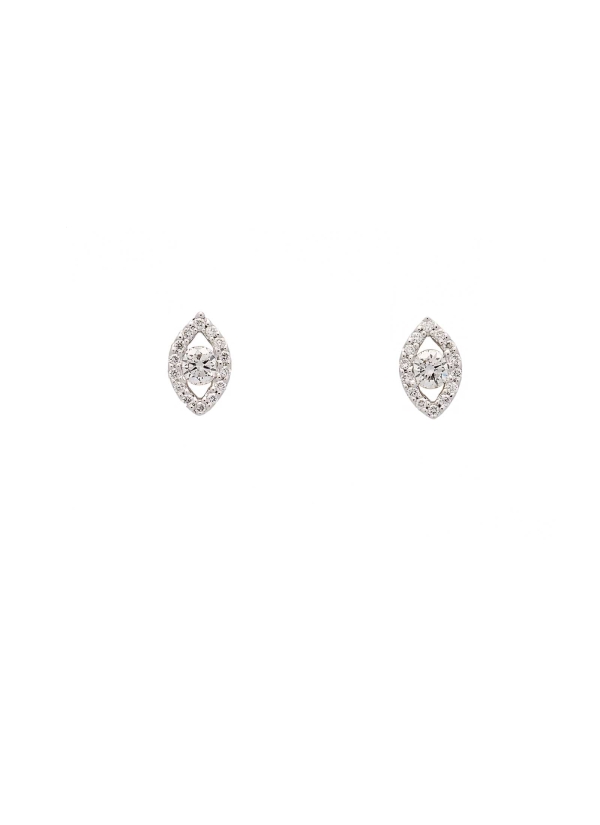 Pequeños pendientes de oro blanco de 18Kt, en forma de ojo  de 6,95x5,30mm, con un diamante talla brillante en el centro y borde