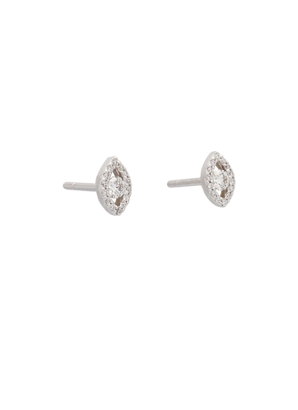 Pequeños pendientes de oro blanco de 18Kt, en forma de ojo  de 6,95x5,30mm, con un diamante talla brillante en el centro y borde 2