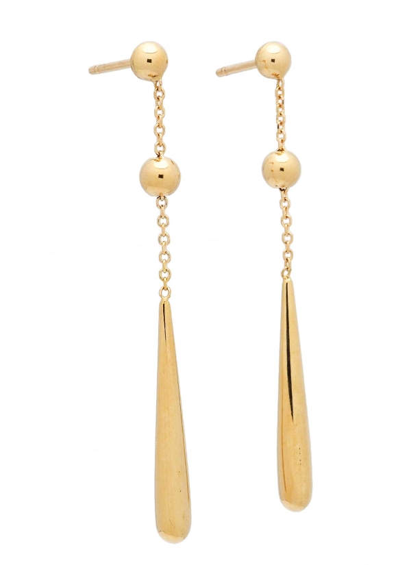 Pendientes largos de oro amarillo de 18Kt, compuestos por una media bola pegada al lóbulo, unida a una bola, que a su vez va uni 2