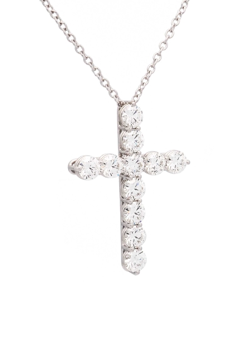 Cruz de oro blanco de 18Kt, hecha a mano. Lleva 11 diamantes talla brillante de 4,00-4,05mm de diámetro, certificados, cada uno 