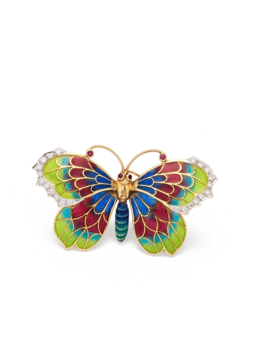 Gran broche/colgante (62x36mm) de oro amarillo de 18Kt, con esmalte, diamantes y 4 rubíes redondos.