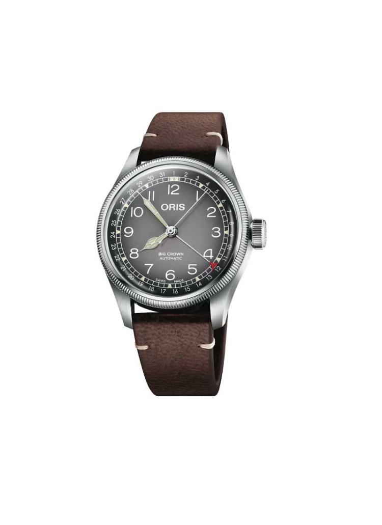 El Oris Big Crown es un reloj automático con reserva de marcha de hasta 38h, caja de acero de 38 mm, esfera gris con aguja indic