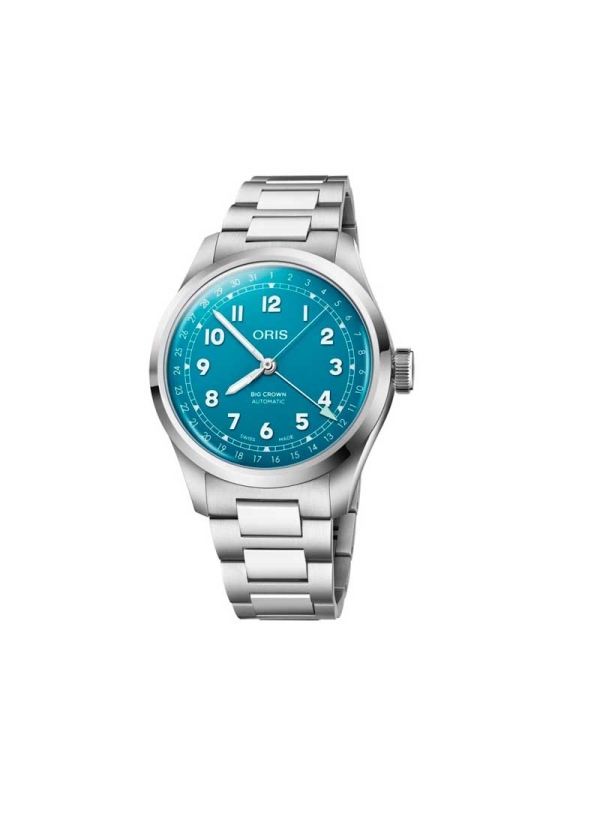 Reloj automático en caja de acero de 40mm con reserva de marcha de hasta 41h, esfera azul turquesa y brazalete de acero.