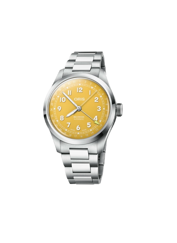 Reloj automático en caja de acero de 40mm con reserva de marcha de hasta 41h, esfera color amarillo y brazalete de acero.