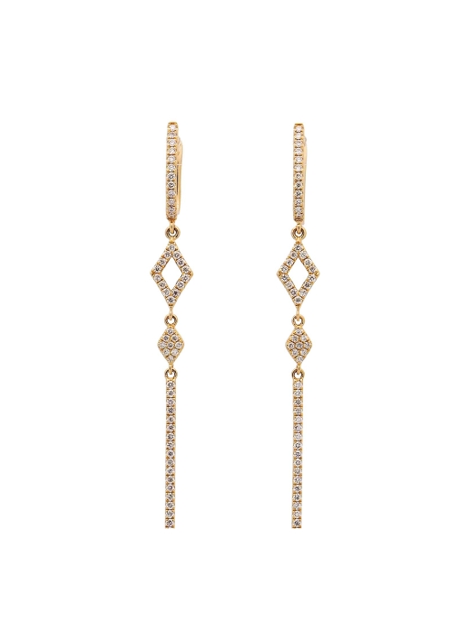 Pendientes largos de oro amarillo de 18Kt y diamantes talla brillante, con un peso total de 0,43ct, calidad H VS.