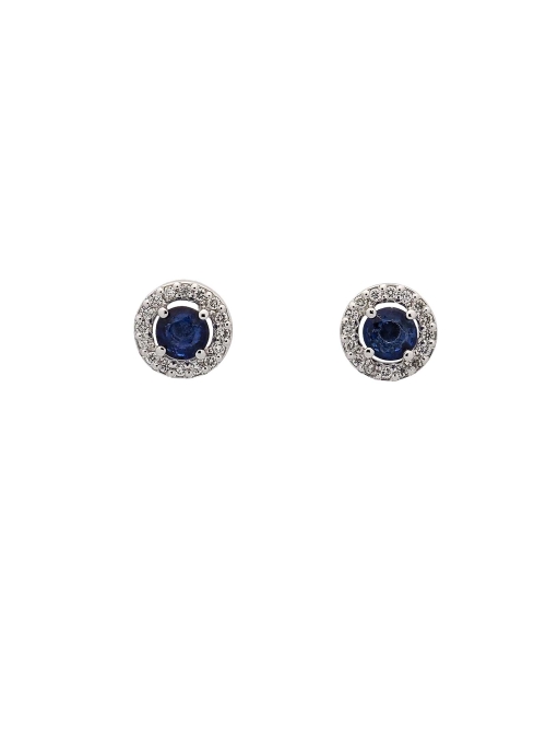 Pendientes de oro blanco de 18Kt, con un zafiro de talla brillante engastado en garras, con una orla de diamantes talla brillant