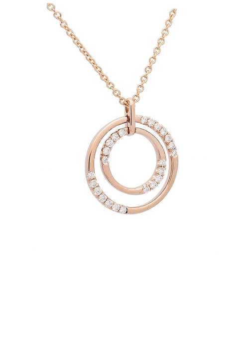 Cadena y colgante de oro rosa de 18Kt. Dos círculos concéntricos, parte lisa y parte con diamantes, talla brillante, con un peso