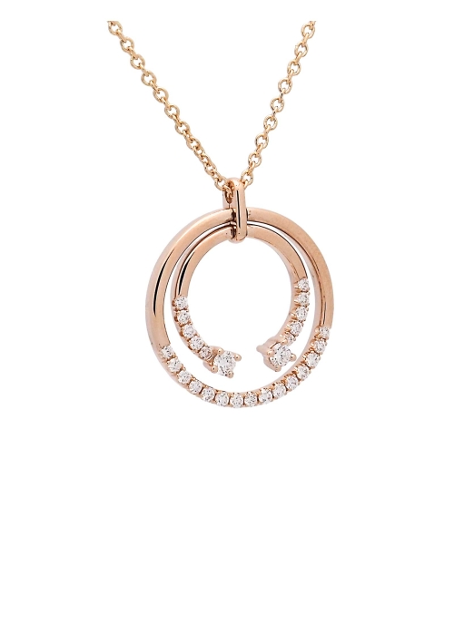 Cadena y colgante de oro rosa de 18Kt. Círculo y semicírculo con parte lisa y parte con diamantes, talla brillante, con un peso 