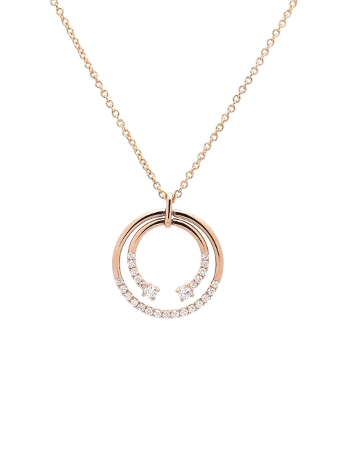 Cadena y colgante de oro rosa de 18Kt. Círculo y semicírculo con parte lisa y parte con diamantes, talla brillante, con un peso 