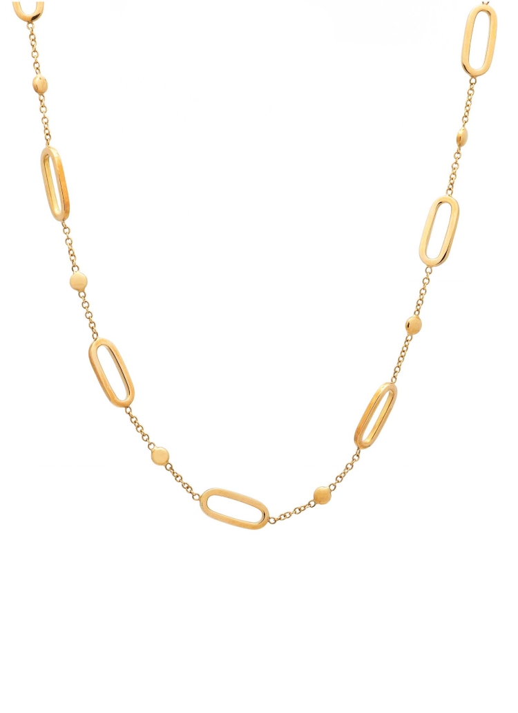 Cadena de oro amarillo de 18Kt con un largo de 43cm. Intercalándose en la cadena 7 formas ovaladas de 1,5cm de largo y 0,6cm de 