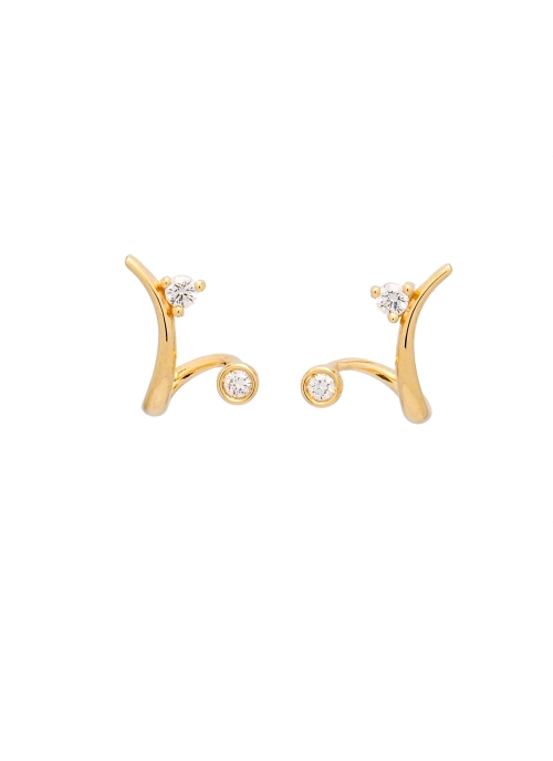 Modernos pendientes de oro amarillo de 18Kt, con forma sinuosa y un diamante talla brillante engastado en garras en la parte sup