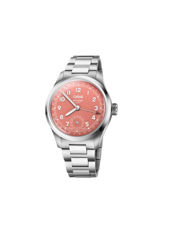 Reloj automático en caja de acero de 40mm con reserva de marcha de hasta 120h, esfera color terracota y brazalete de acero.