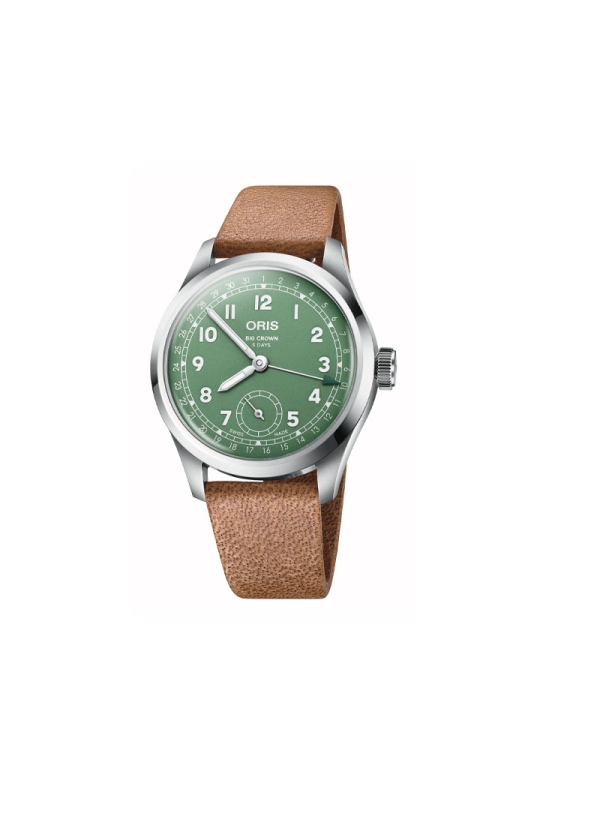 Reloj automático en caja de acero de 40mm con reserva de marcha de hasta 120h, esfera color verde y correa de piel.