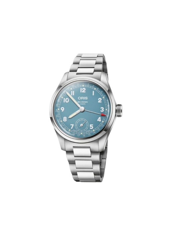 Esta edición de acero inoxidable de 38,00 mm de nuestro icónico Big Crown Pointer Date con una esfera verde azulada claro, un mo