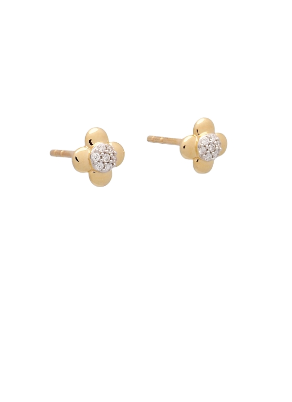 Pendientes de oro amarillo de 18Kt, en forma de flor de 4 pétalos con un centro de pavé de diamantes talla brillante con un peso 2