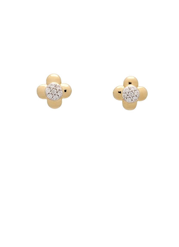 Pendientes de oro amarillo de 18Kt, en forma de flor de 4 pétalos con un centro de pavé de diamantes talla brillante con un peso